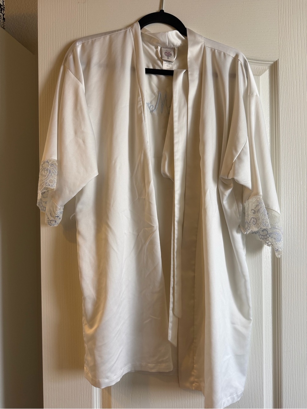 In Bloom White Bridal Satin Kimono Robe with Lace Trim